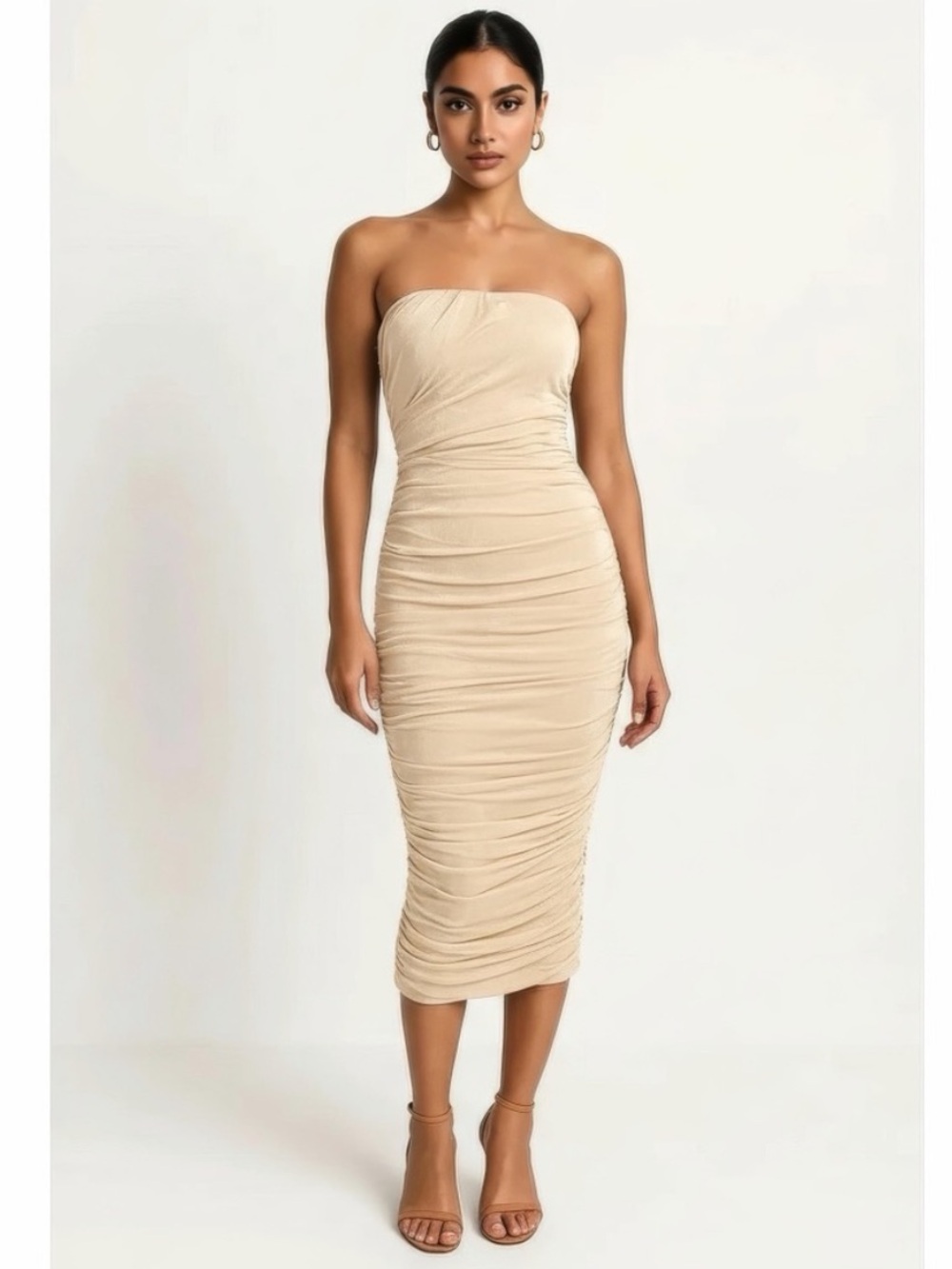 JLUXLABEL nude sheer Strapless Ruched Midi Dress in Beige brown underlay new